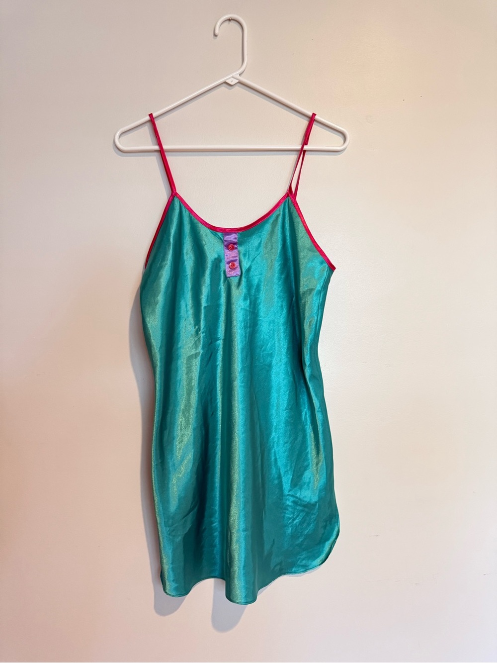 Vintage 1990’s Satin Teal Slip Dress with Pink Trim